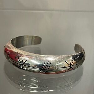 Sterling Silver Engraved Cuff Bracelet - Starburst Motif